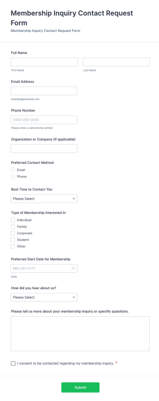 Membership Inquiry Contact Request Form Template