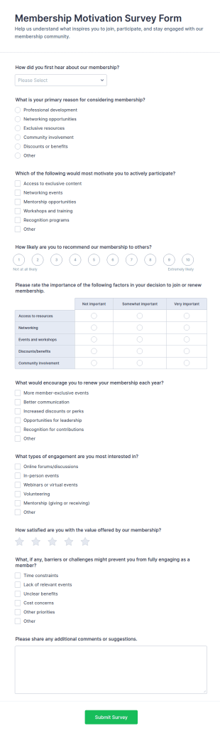 Membership Motivation Survey Form Template