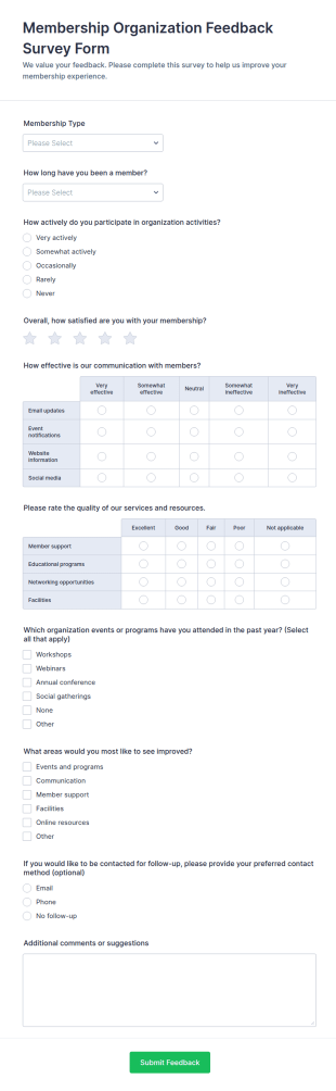 Membership Organization Feedback Survey Form Template