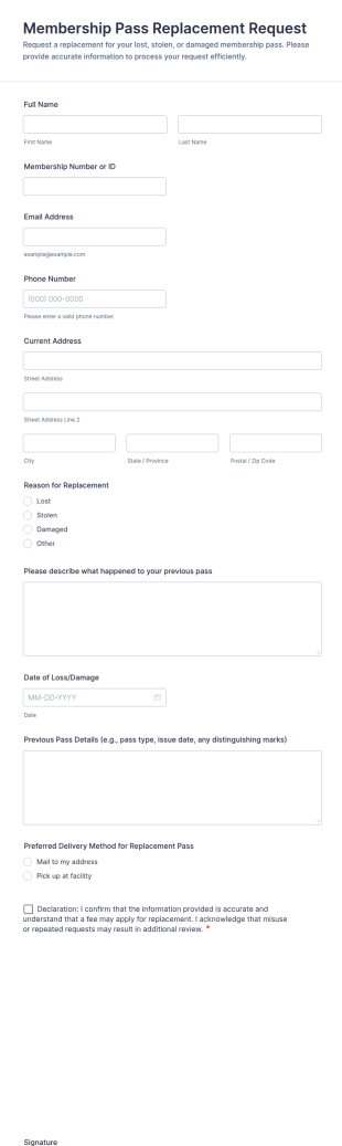 Membership Pass Replacement Request Form Template