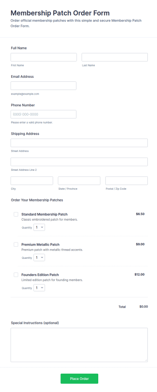 Membership Patch Order Form Template