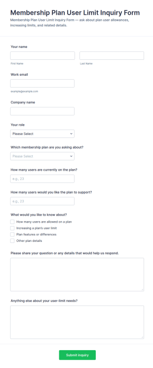 Membership Plan User Limit Inquiry Form Template