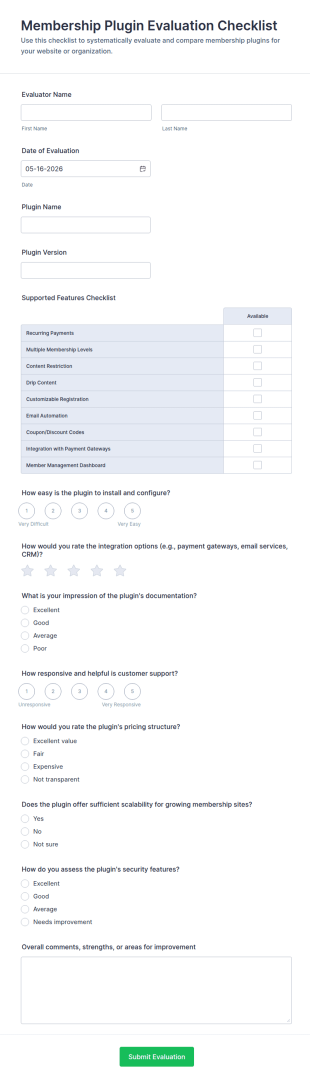 Membership Plugin Evaluation Checklist Form Template