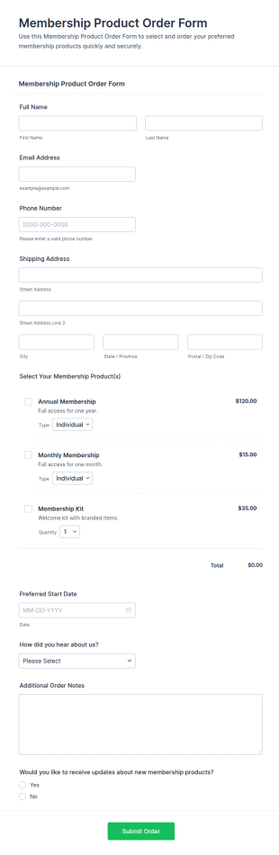 Membership Product Order Form Template