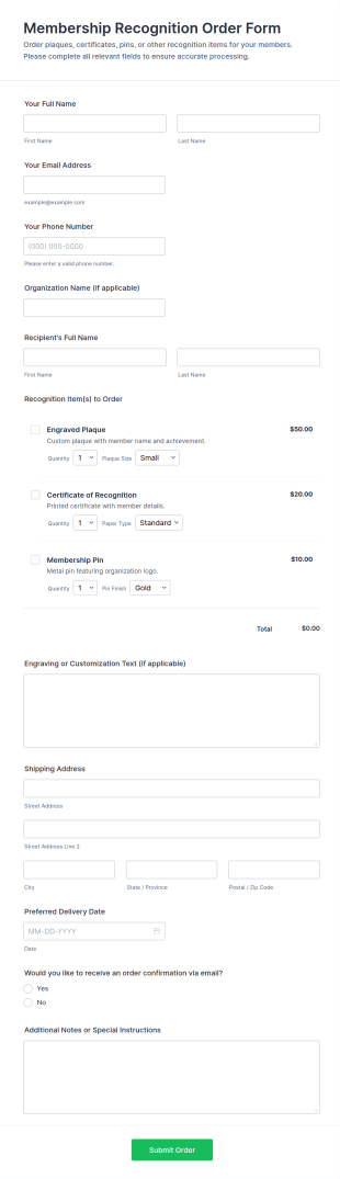 Membership Recognition Order Form Template