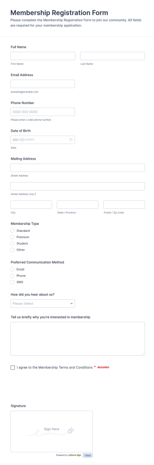 Membership Registration Data Collection Form Template