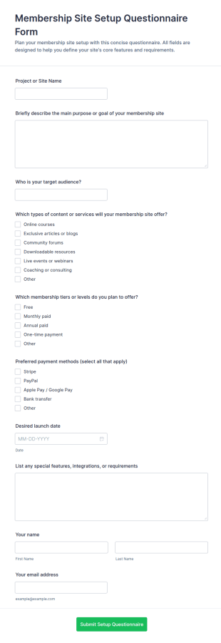 Membership Site Setup Questionnaire Form Template