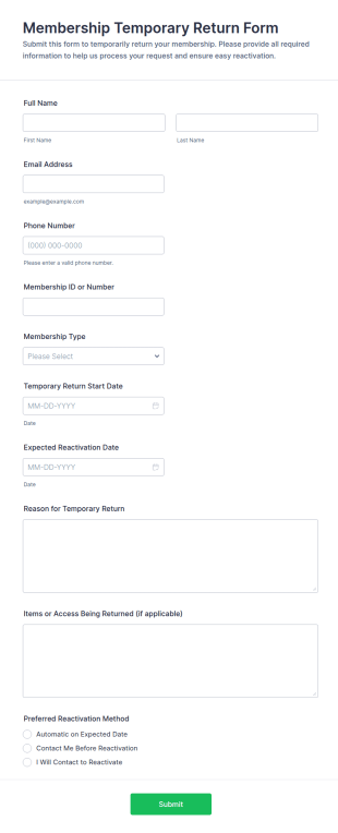 Membership Temporary Return Form Template