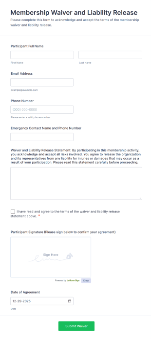 Membership Waiver And Liability Release Form Template
