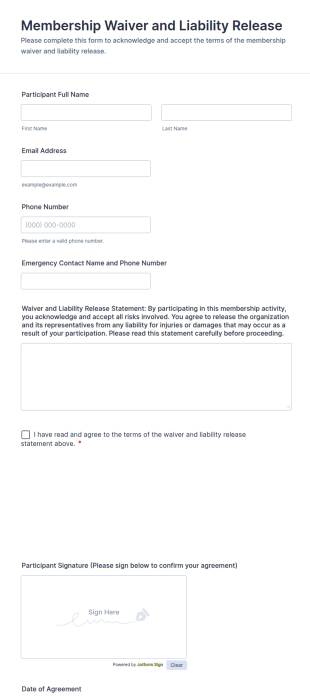Membership Waiver And Liability Release Form Template