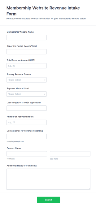 Membership Website Revenue Intake Form Template