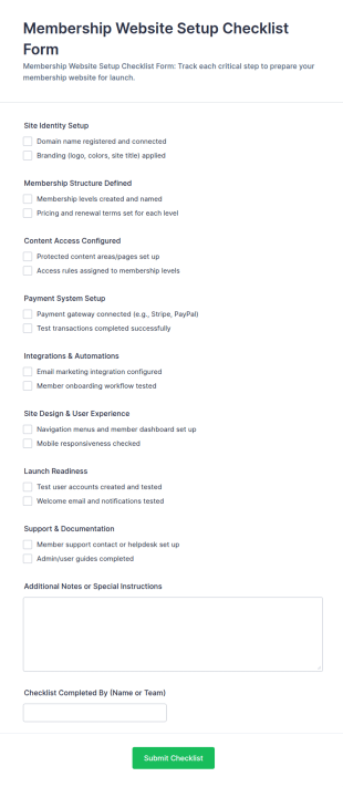 Membership Website Setup Checklist Form Template