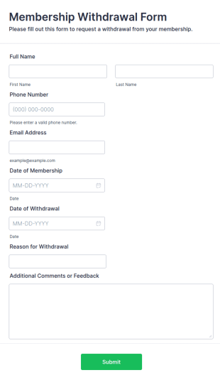 Membership Withdrawal Form Template