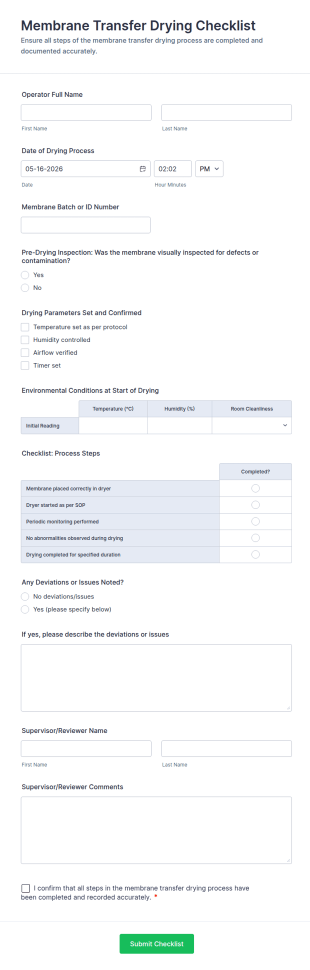 Membrane Transfer Drying Checklist Form Template