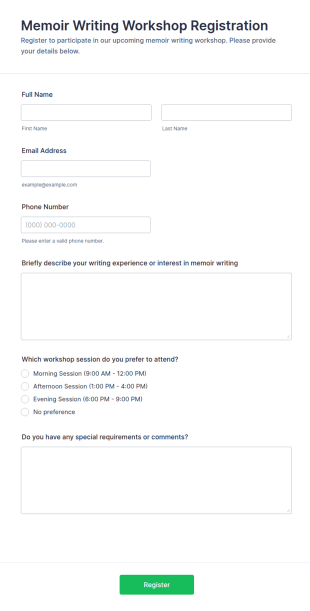 Memoir Writing Workshop Registration Form Template