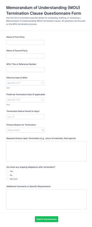 Memorandum Of Understanding (MOU) Termination Clause Questionnaire Form Template