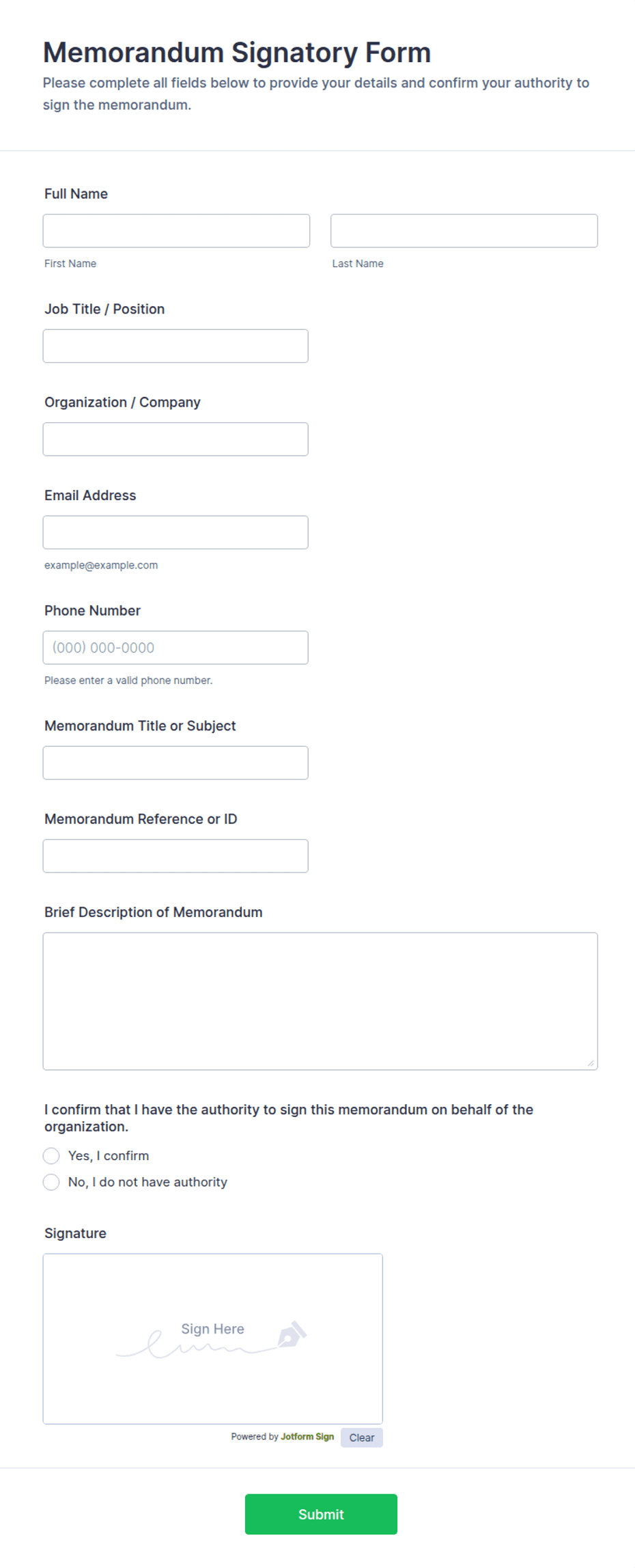 Memorandum Signatory Form Template | Jotform