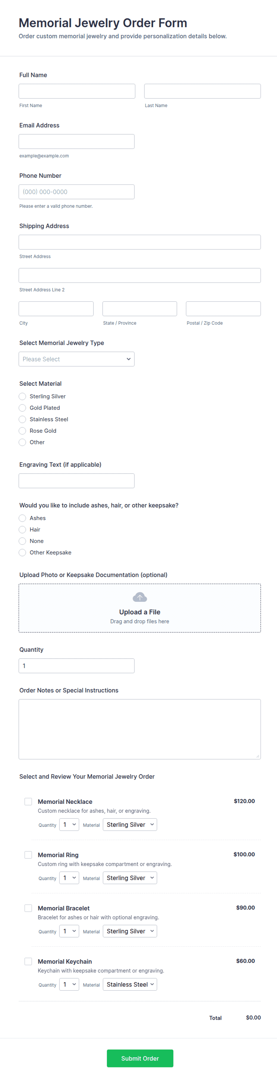 Memorial Jewelry Order Form Template | Jotform