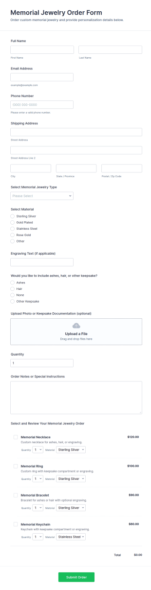 Memorial Jewelry Order Form Template
