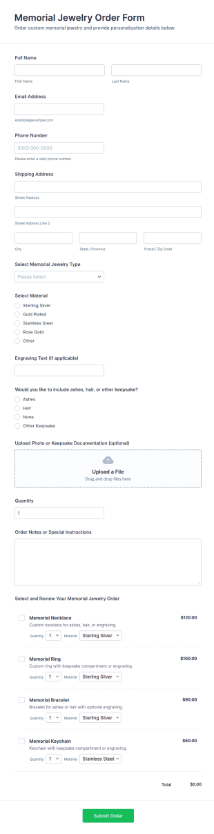Memorial Jewelry Order Form Template
