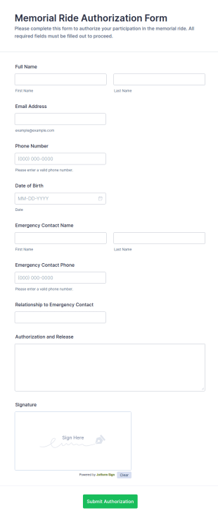 Memorial Ride Authorization Form Template
