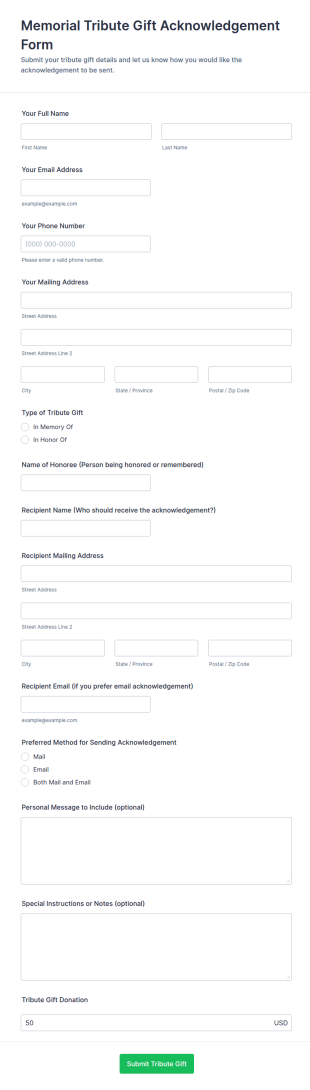 Memorial Tribute Gift Acknowledgement Form Template