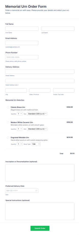 Memorial Urn Order Form Template