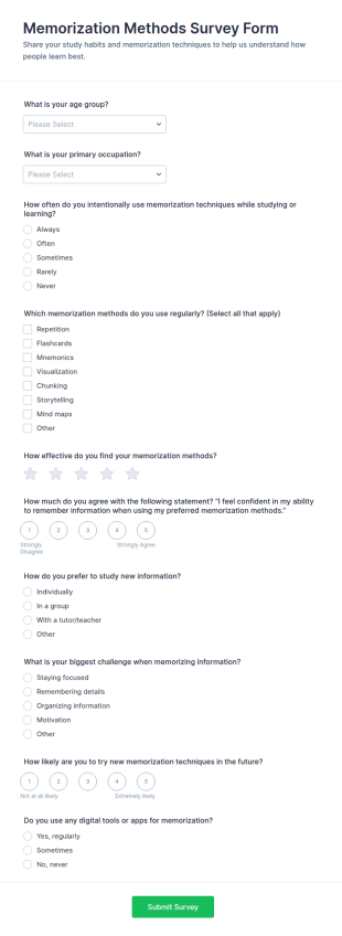 Memorization Methods Survey Form Template
