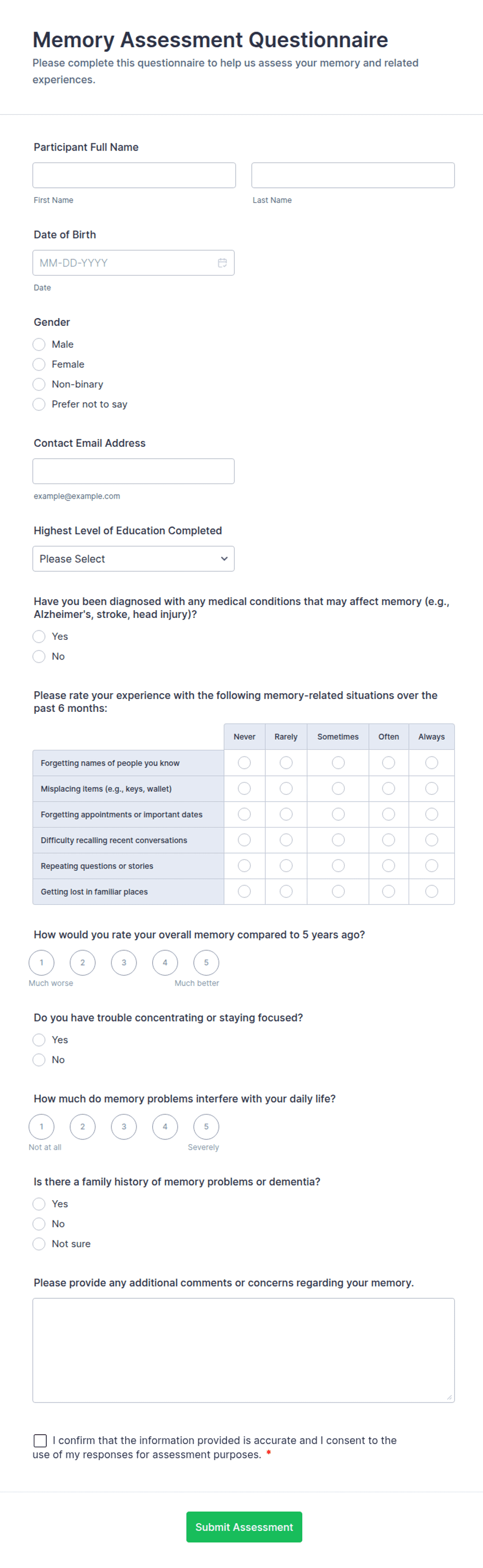 Cd R Memory Box Score Form Memory Assessment Questionnaire Form Template | Jotform