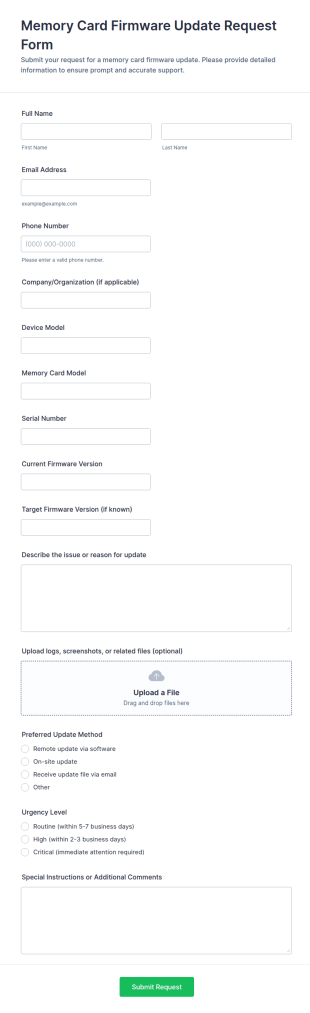 Memory Card Firmware Update Request Form Template