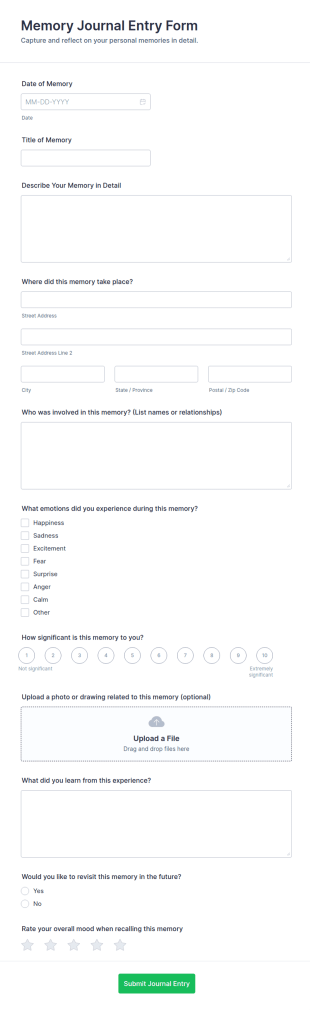 Memory Journal Entry Form Template
