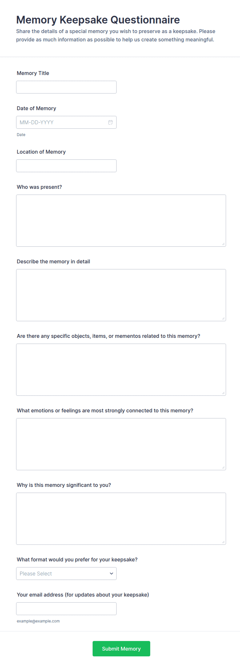 Memory Keepsake Questionnaire Form Template | Jotform