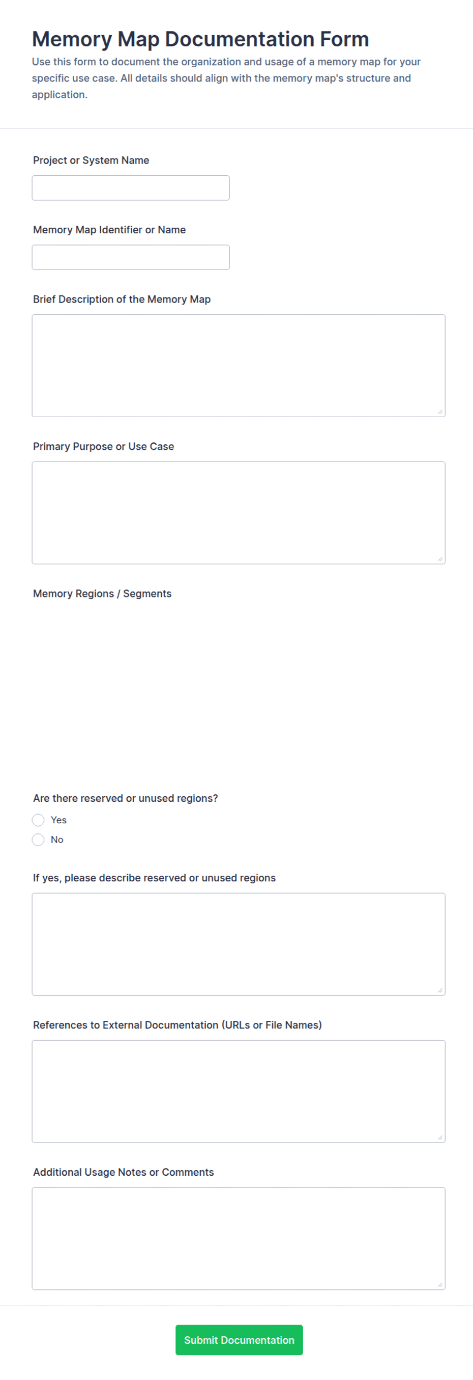 Memory Capture Template Memory Map Documentation Form Template | Jotform