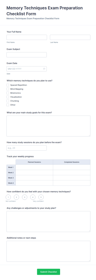 Memory Techniques Exam Preparation Checklist Form Template