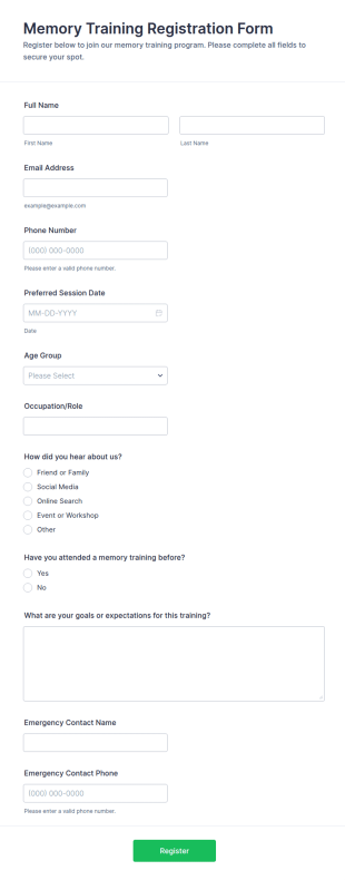 Memory Training Registration Form Template