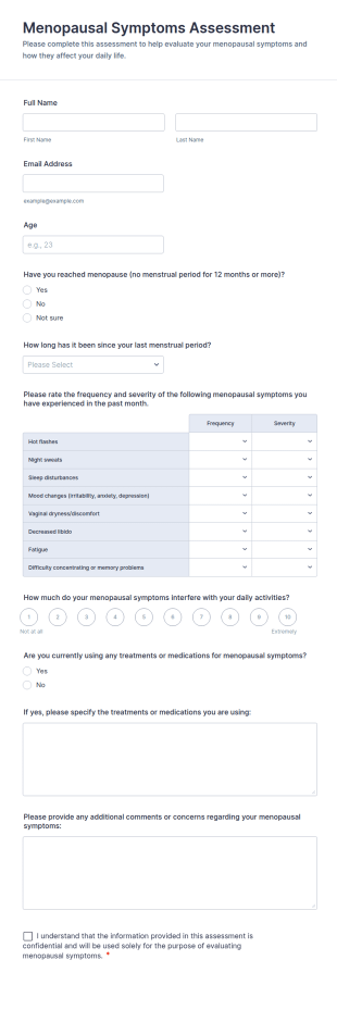 Menopausal Symptoms Assessment Form Template