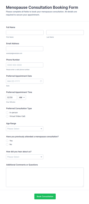 Menopause Consultation Booking Form Template