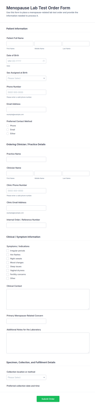 Menopause Lab Test Order Form Template