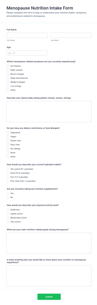 Menopause Nutrition Intake Form Template