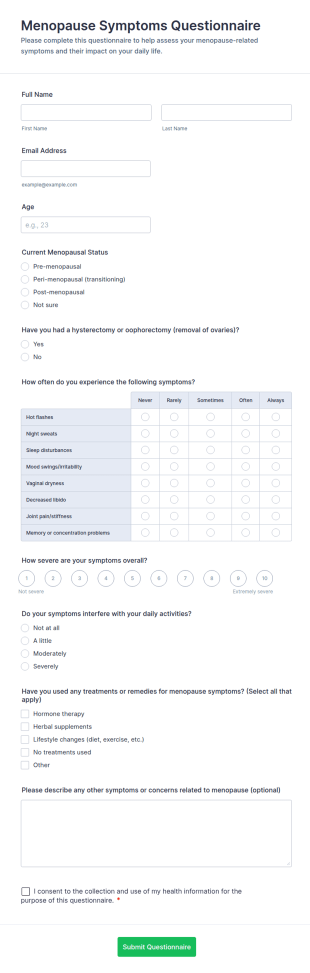 Menopause Symptoms Questionnaire Form Template