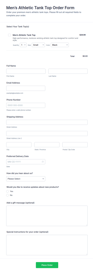 Men’s Athletic Tank Top Order Form Template