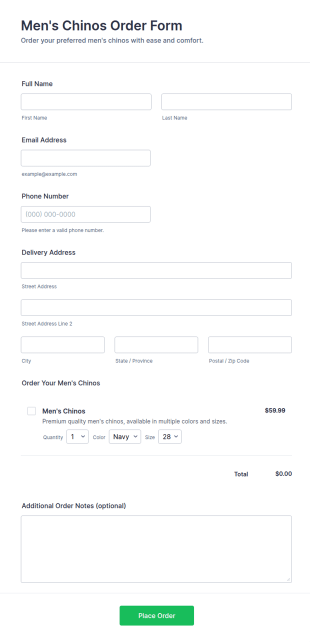 Men's Chinos Order Form Template