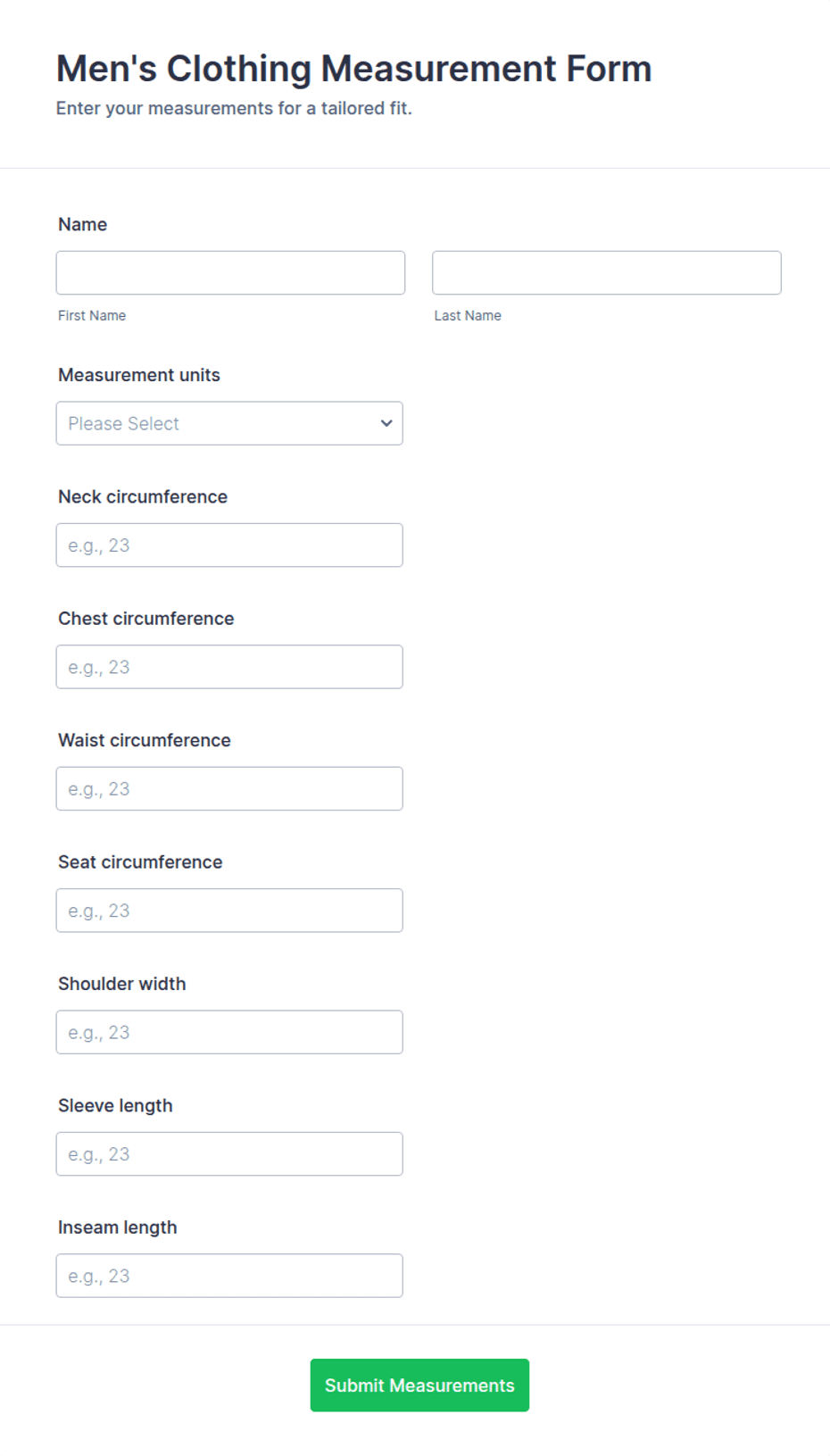 Men's Clothing Measurement Form Template | Jotform