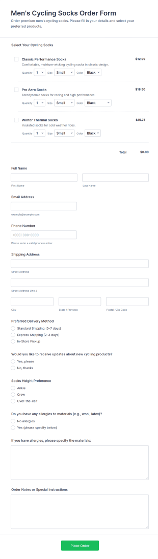 Men's Cycling Socks Order Form Template