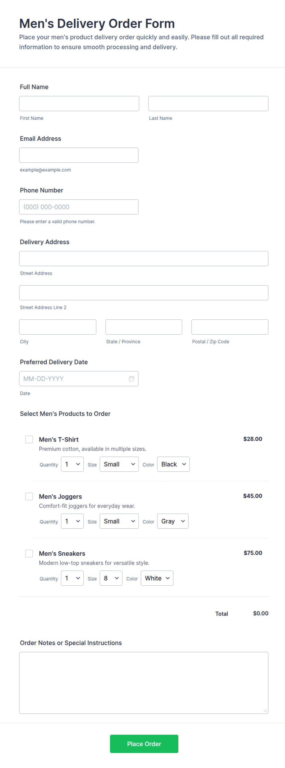 Men's Delivery Order Form Template | Jotform
