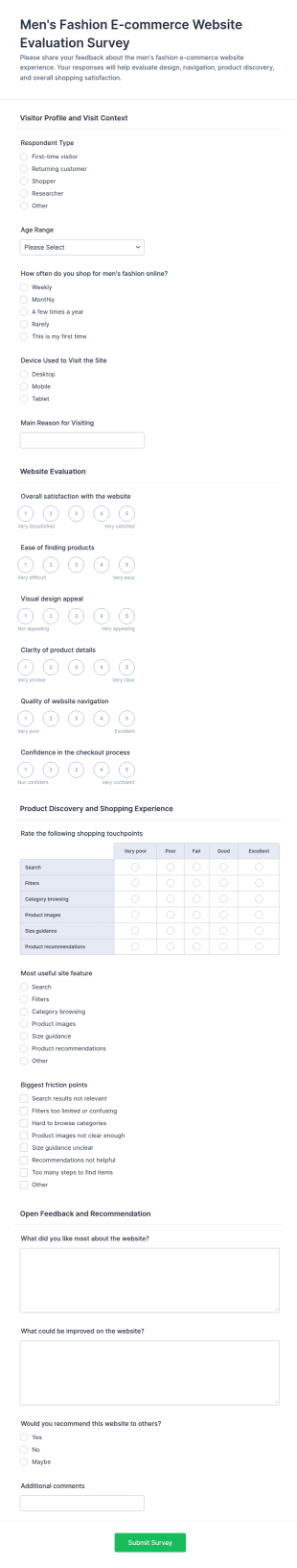 Men's Fashion E Commerce Evaluation Survey Form Template