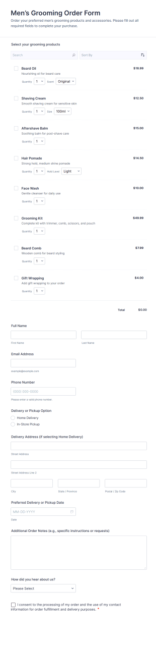 Men’s Grooming Order Form Template