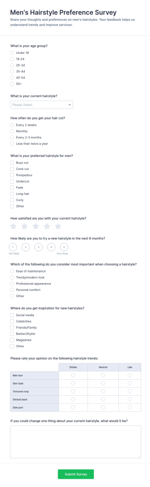 Men's Hairstyle Preference Survey Form Template