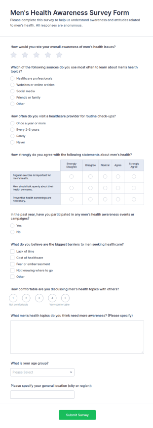 Men's Health Awareness Survey Form Template