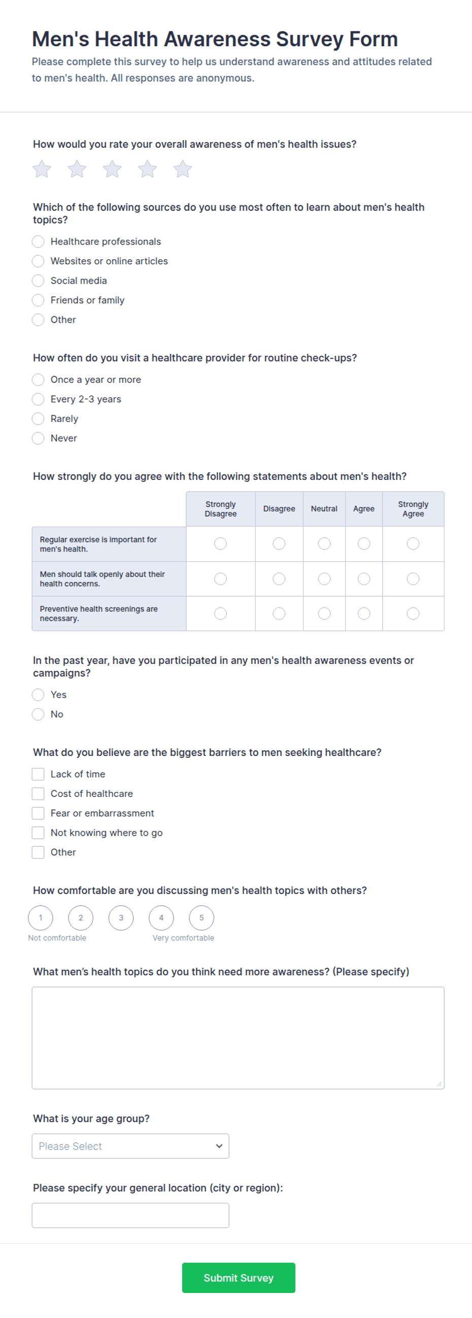 Men's Health Awareness Survey Form Template | Jotform
